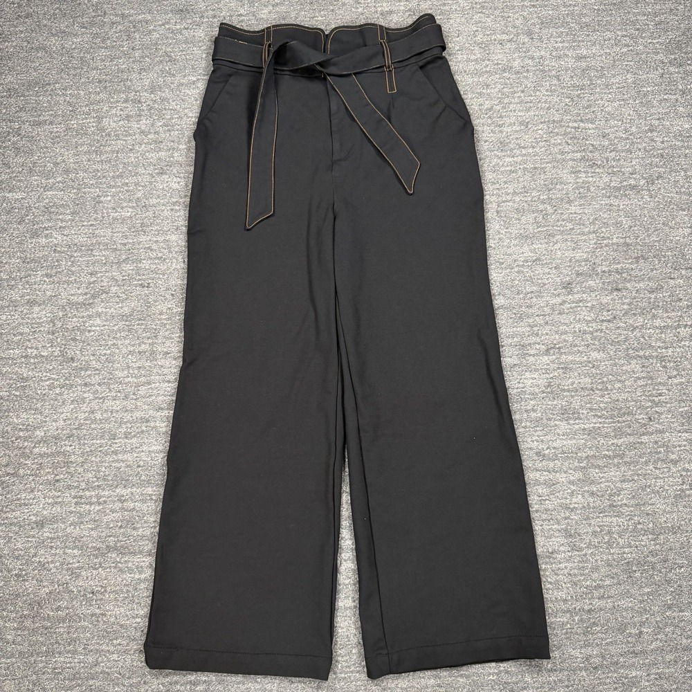 Anthropologie Maeve Ponte Knit Pants Women 12 Black Wide Leg Belt High Rise